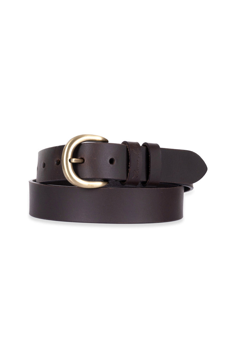 Brown leather belt with a gold buckle on a white background
