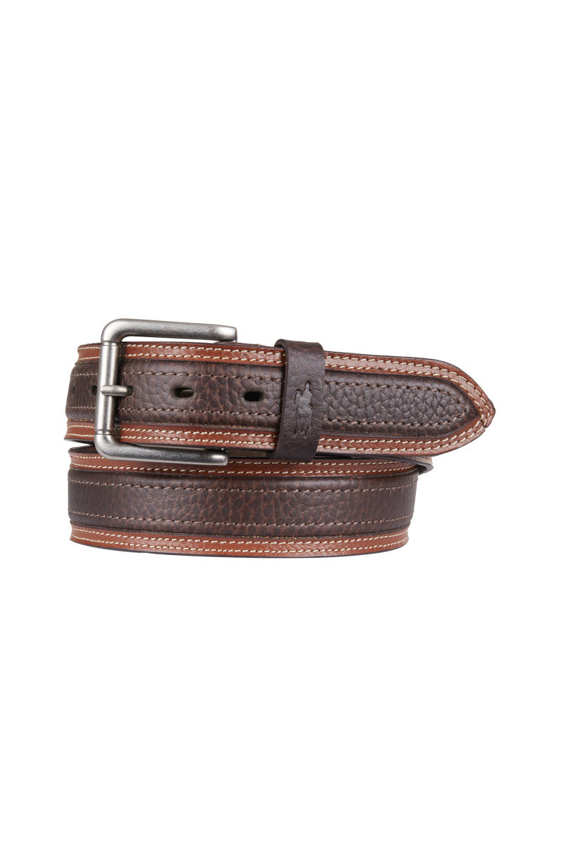 Brown leather belt with a silver buckle on a white background